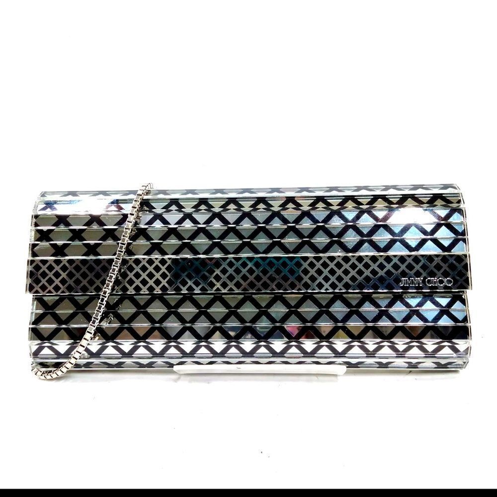 Auth Jimmy Choo Black & Clear Diamond Print Acrylic Sweetie Clutch Silver Chain